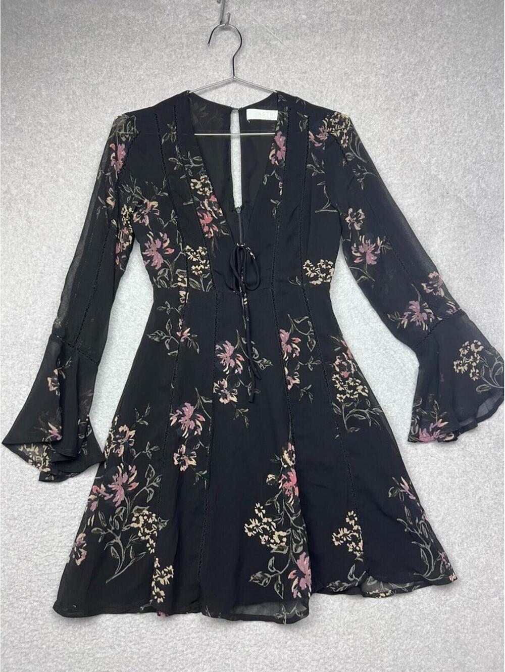 ASTR the Label Floral Bell Sleeve Mini Dress XS Whimsigoth Coquette Lace Boho